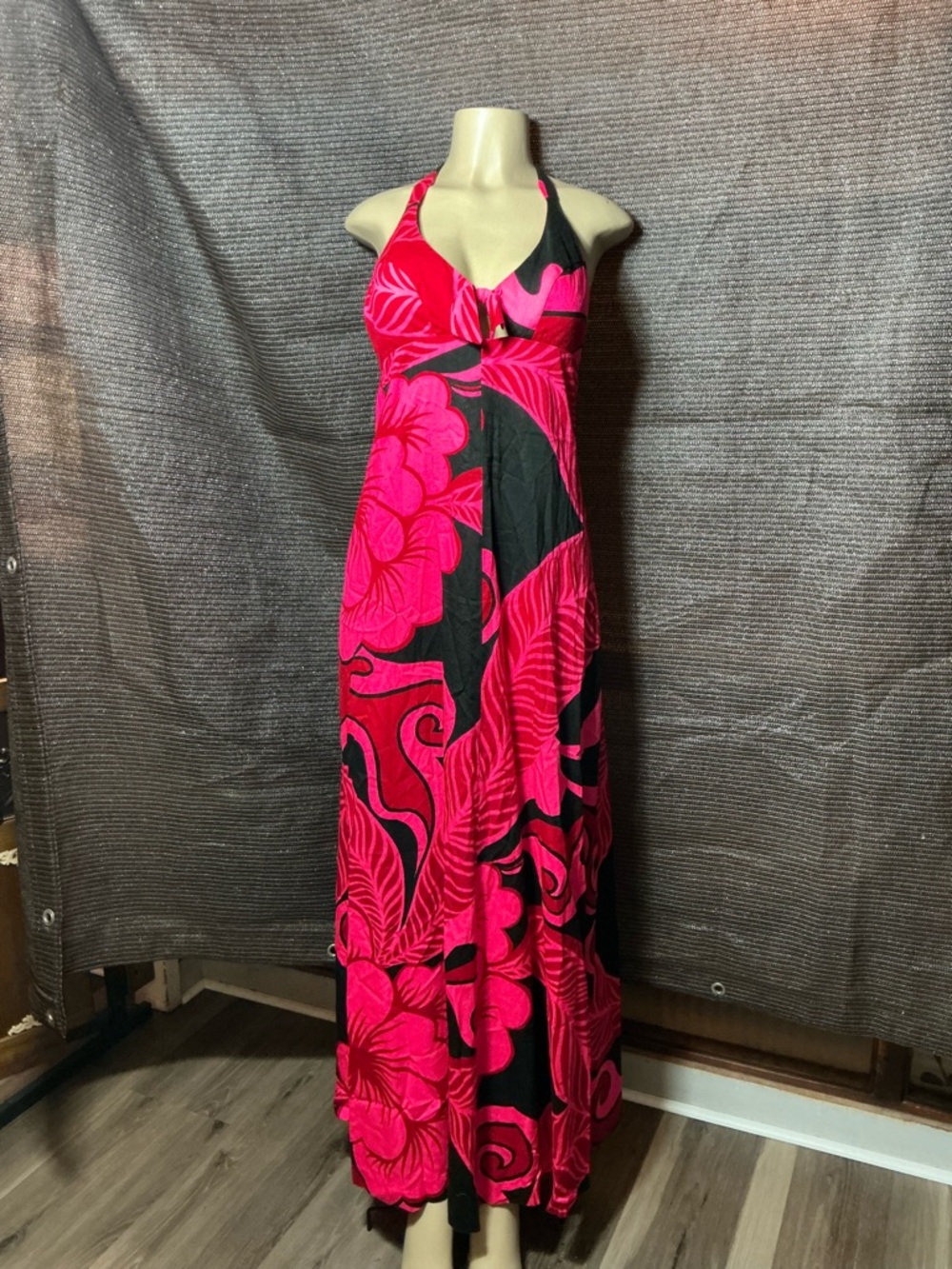 Vintage Hawaiian 70’s Fuchsia Halter Maxi Dress with Black Floral Print